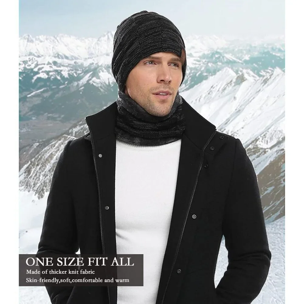 Men's Black Winter Warm Knit Skull Cap Neck Warmer Fleece Lined Hats Scarf Set